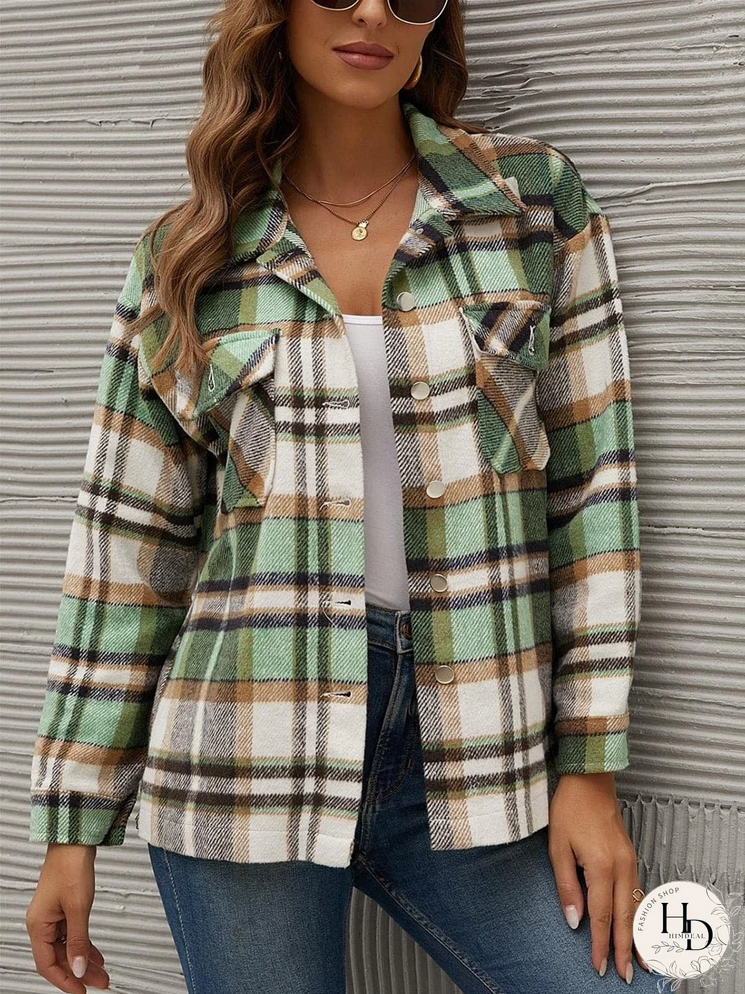 Plaid Collared Neck Long Sleeve Jacket