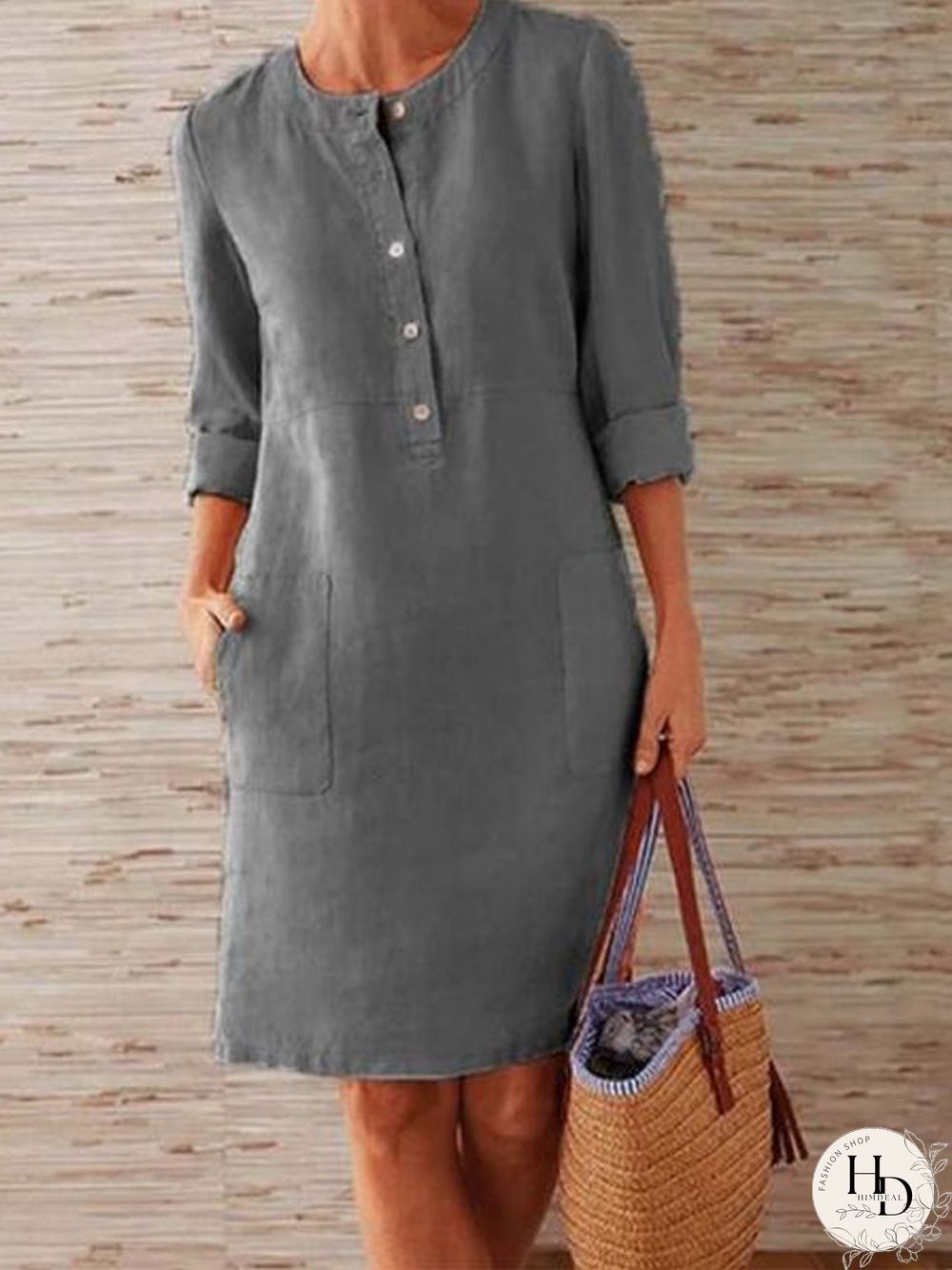 Solid Color Stand Collar Long Sleeve Buttoned Dress