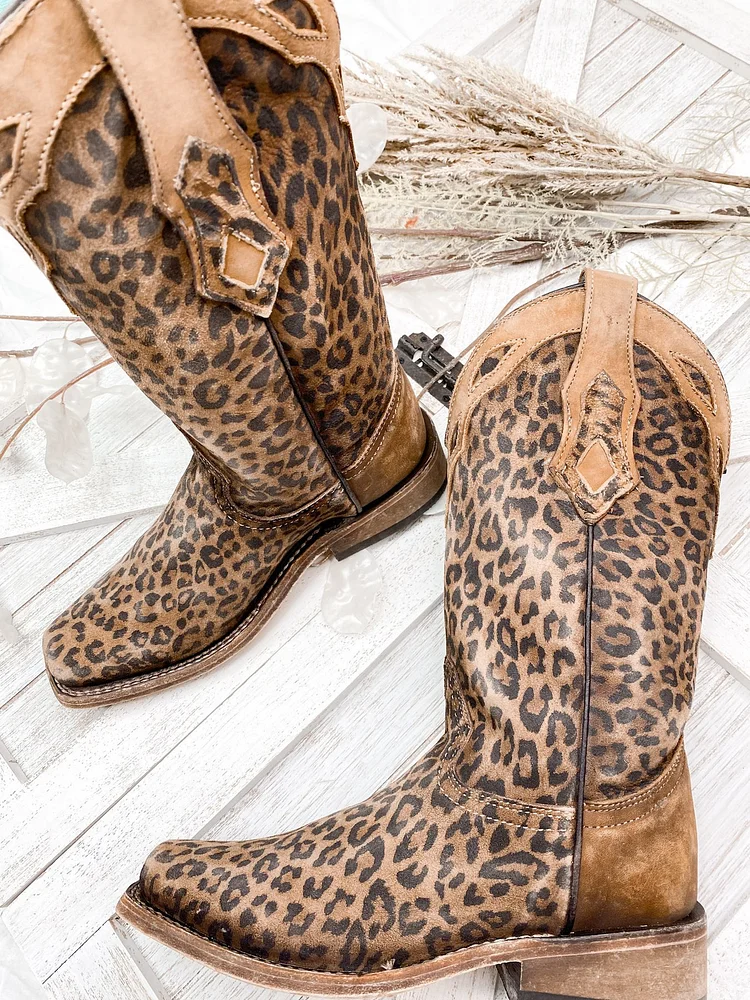 Women's Leopard Print Square Toe Western Boot