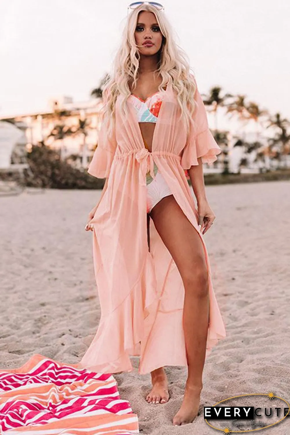 Pink Ruffle Half Sleeve Tie Front Flowy Beach Cover Up