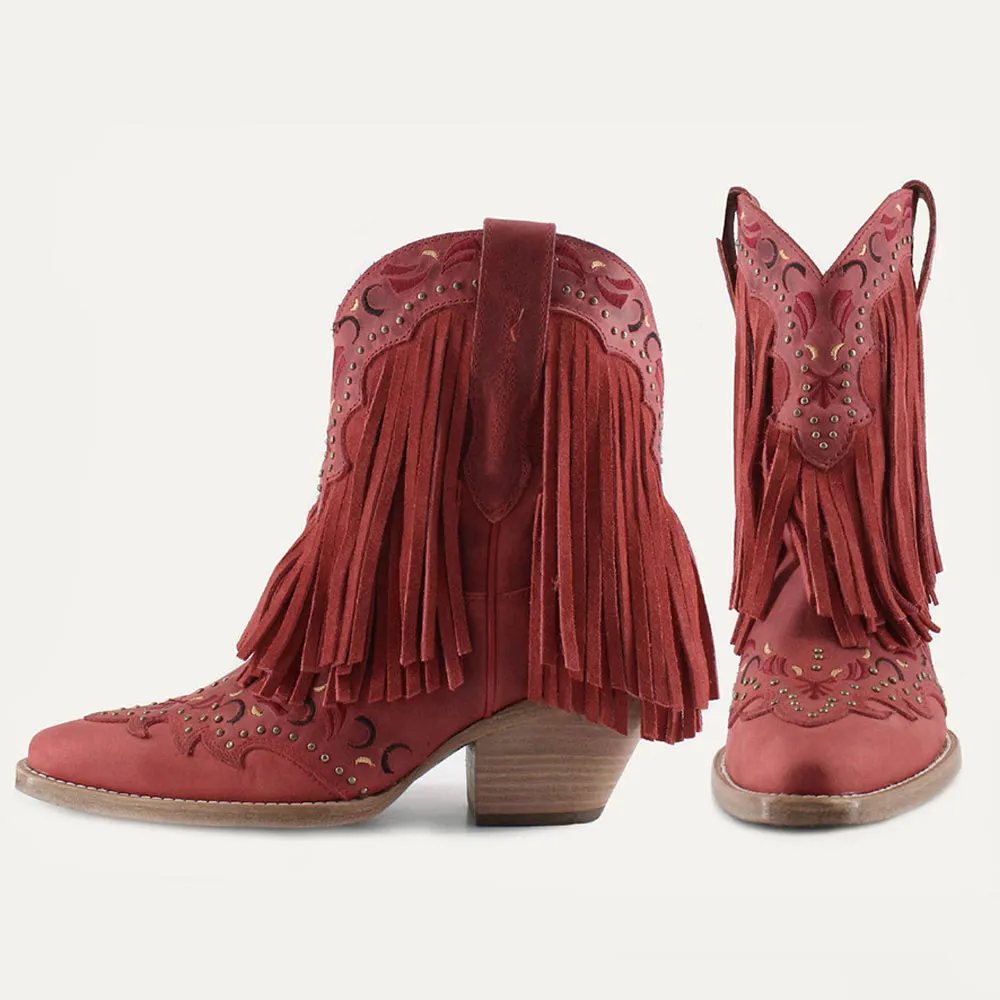 Red Snip Toe Fringe Chunky Heel Embroidered Cowgirl Boots with Studs
