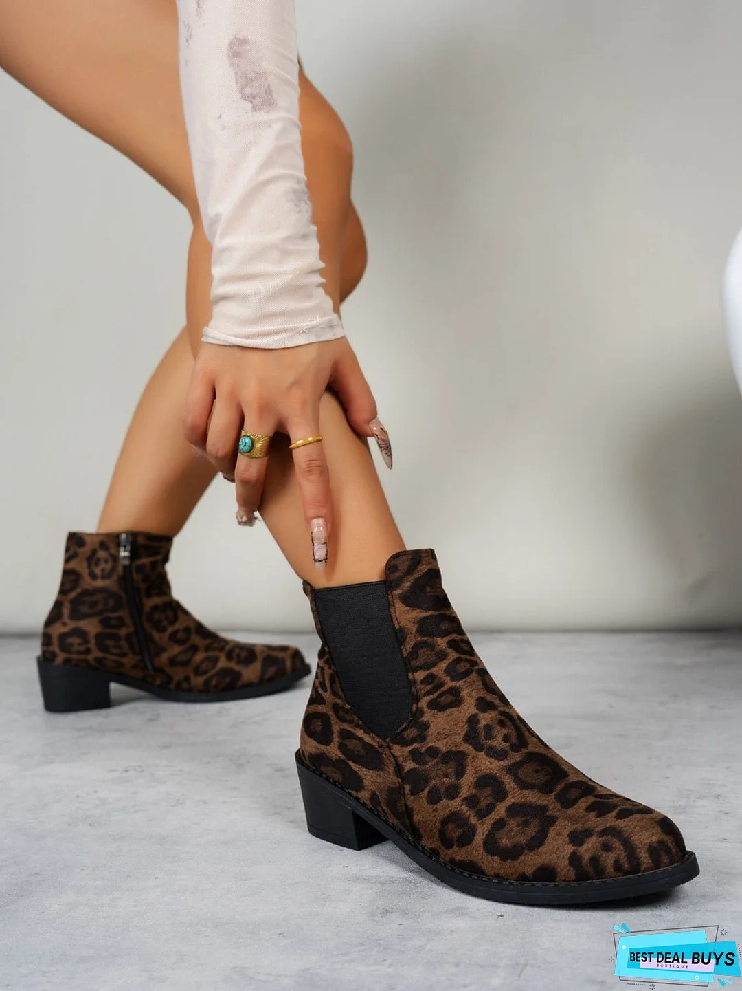 Leopard Point Toe Block Heel Boots