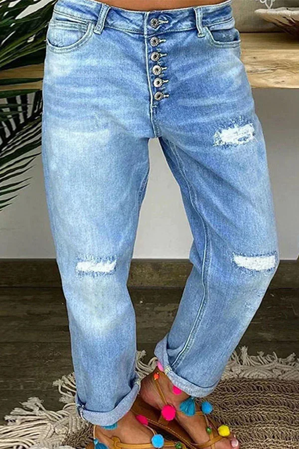 Guchioe Casual Single Breasted Hole Straight Leg Jeans