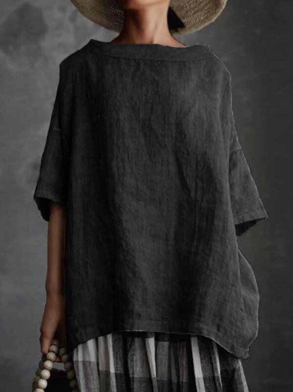 Brownm Summer Cotton Linen Solid Color Loose Blouses