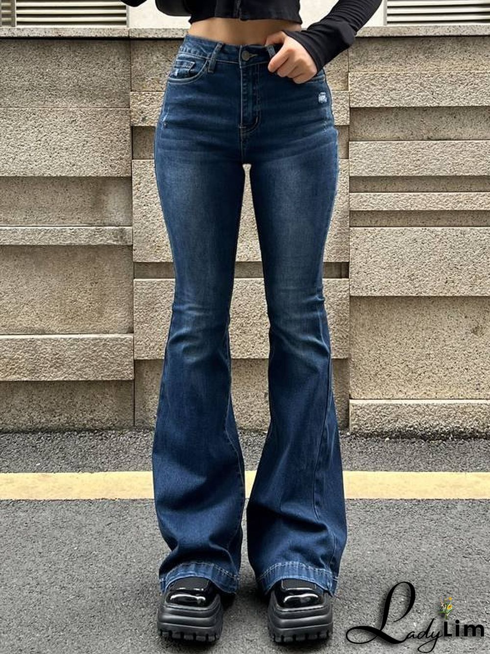 Blue Wash Distressed Stretch Flare Jeans