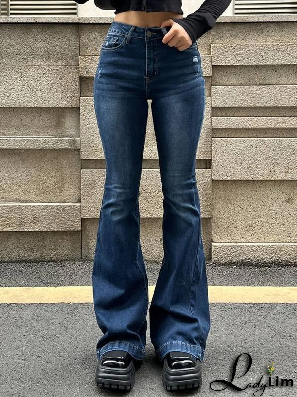Blue Wash Distressed Stretch Flare Jeans