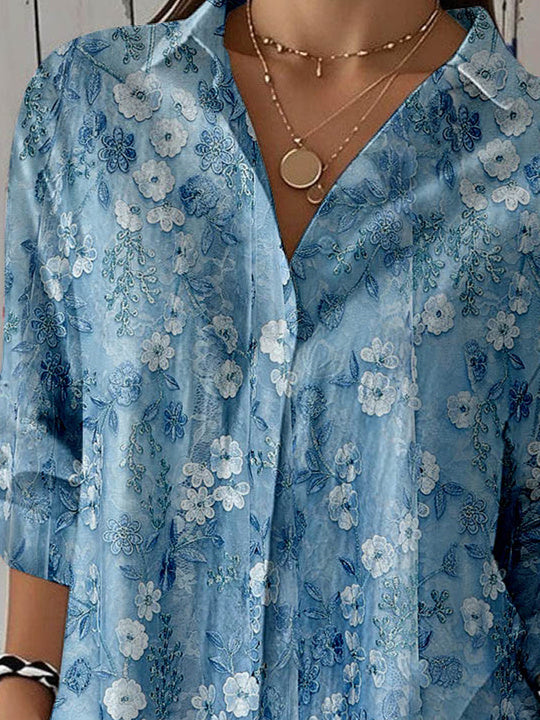 Women 3/4 Sleeve Shirt Collar Floral Printed Graphic Button Tops