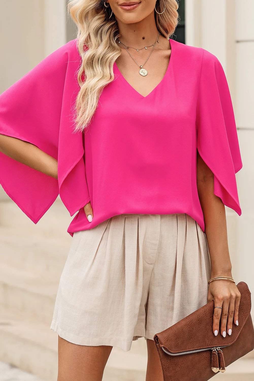 Rose Plain Flounce Bell Sleeve V Neck Blouse | IFYHOME