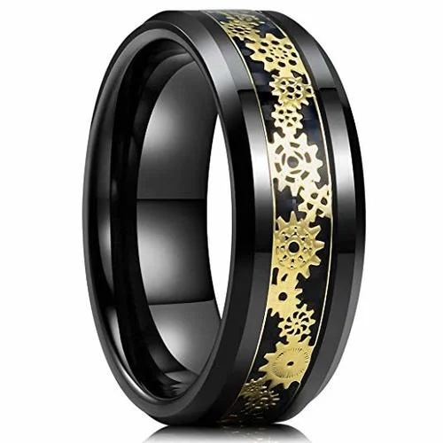 Women's or Men's Tungsten Carbide Wedding Band Watches Gear Rings,Black With Yellow Gold Watch Gear Resin Inlay Design Over Black Carbon Fiber Tungsten Ring With Mens And Womens Rings For 4MM 6MM 8MM 10MM