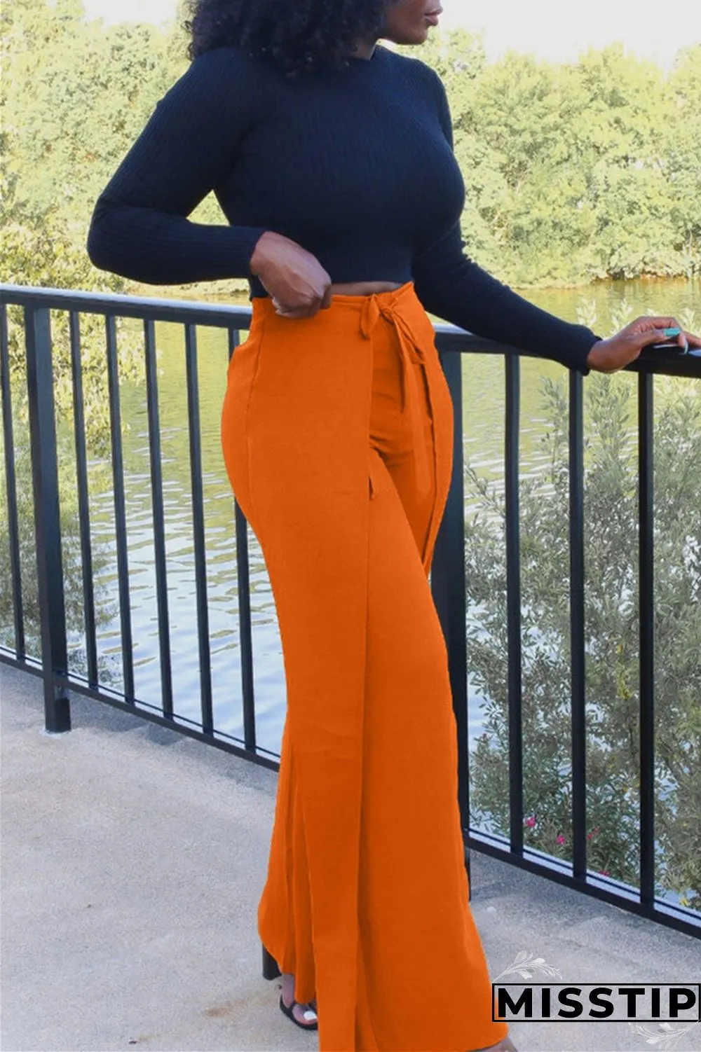 Orange Fashion Casual Solid Bandage Regular High Waist Trousers