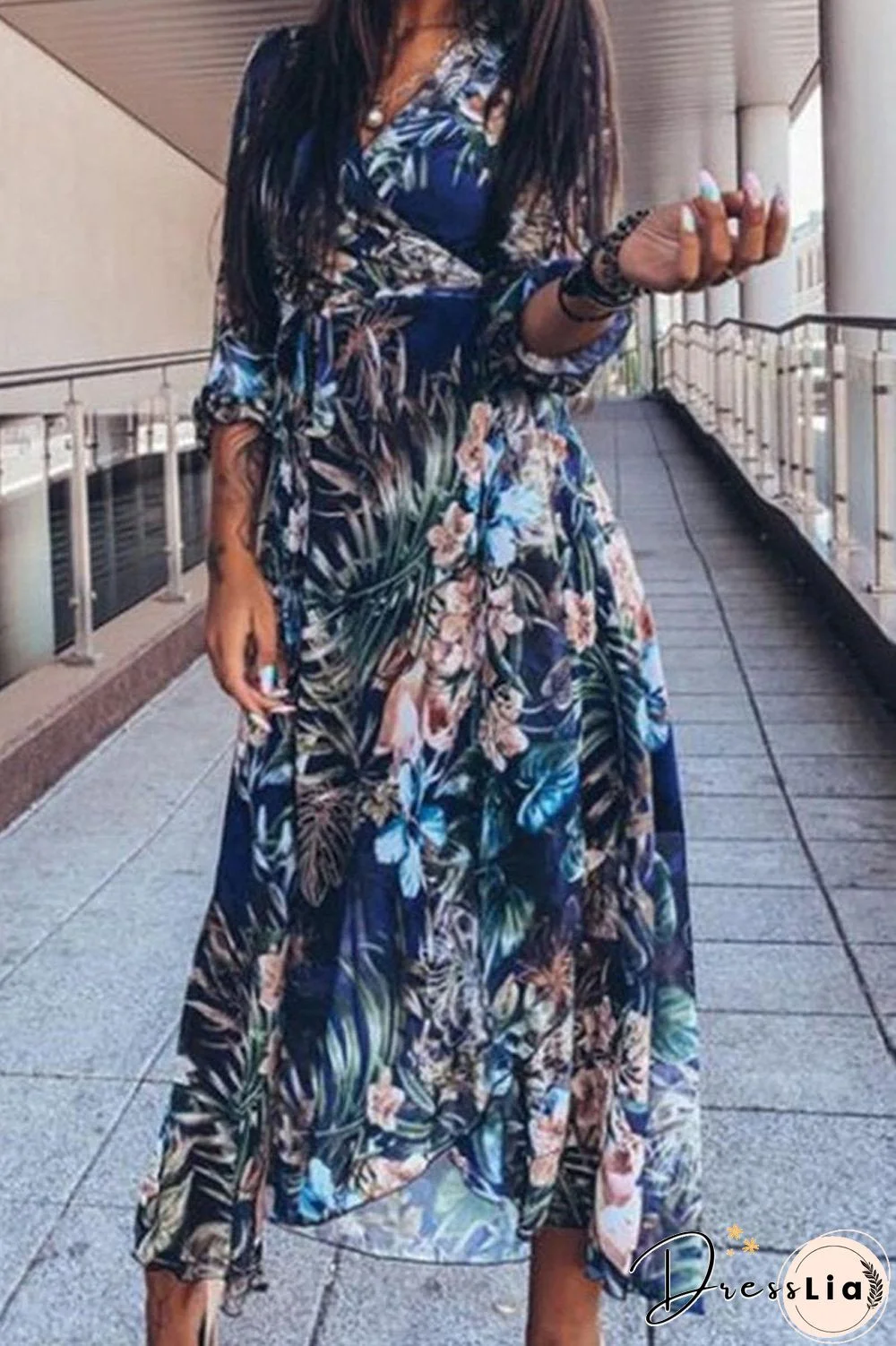 V-Neck Floral Print Maxi Dress