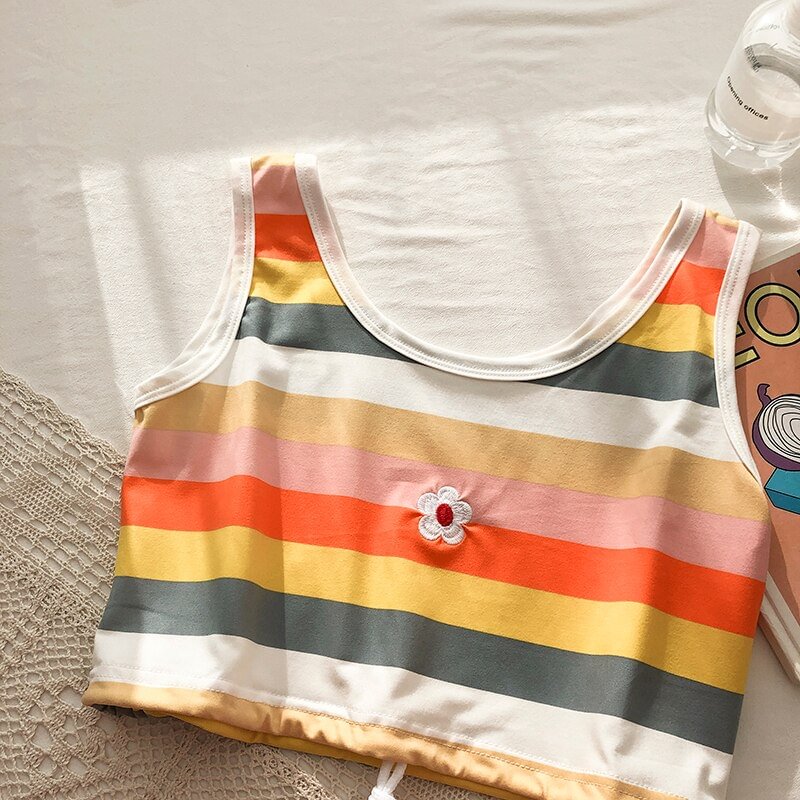 Tanks Tops 2020 Womens Summer Rainbow Stripe Floral Embroidery U Neck Sweet Girls Fashion Trendy Womens Korean Cropped Clothing