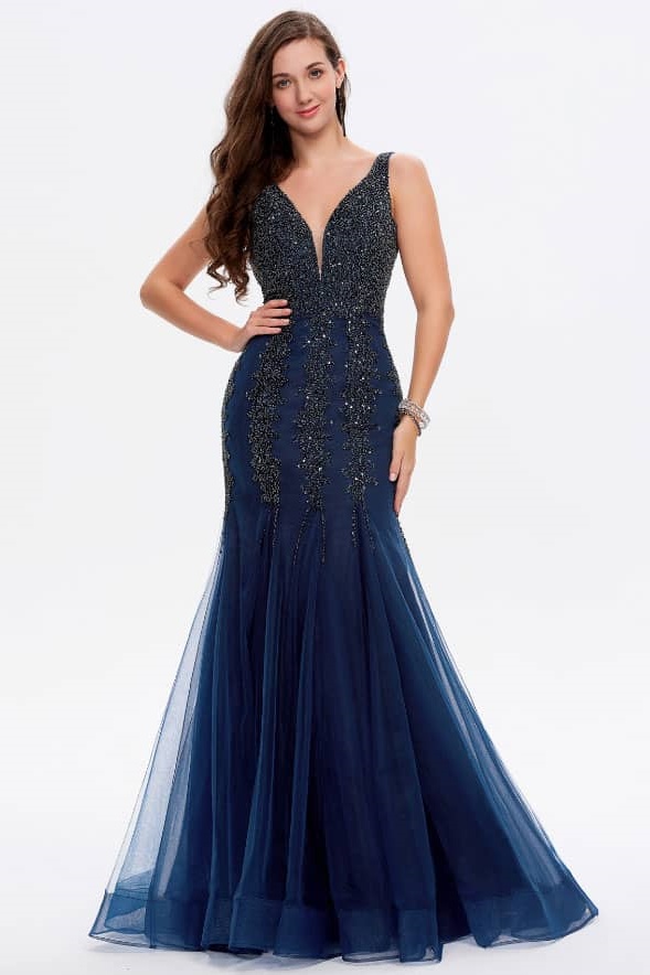 Ovlias Refined Navy Wide Shoulder Straps Beaded Tulle Formal Prom Dress LY0502