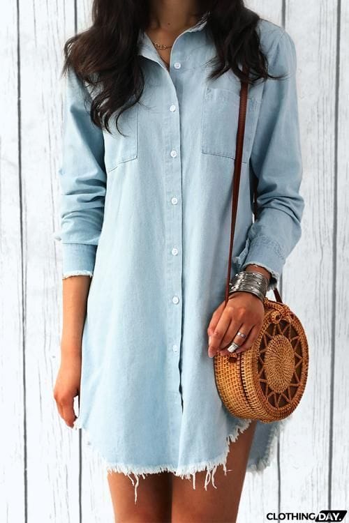 Pocket Long Sleeve Denim Mini Dress