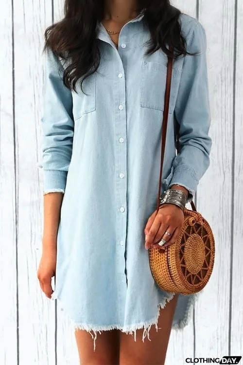 Pocket Long Sleeve Denim Mini Dress