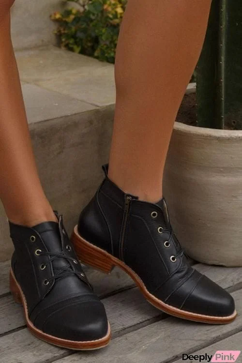 Side Zipper Lace Up Low Boots