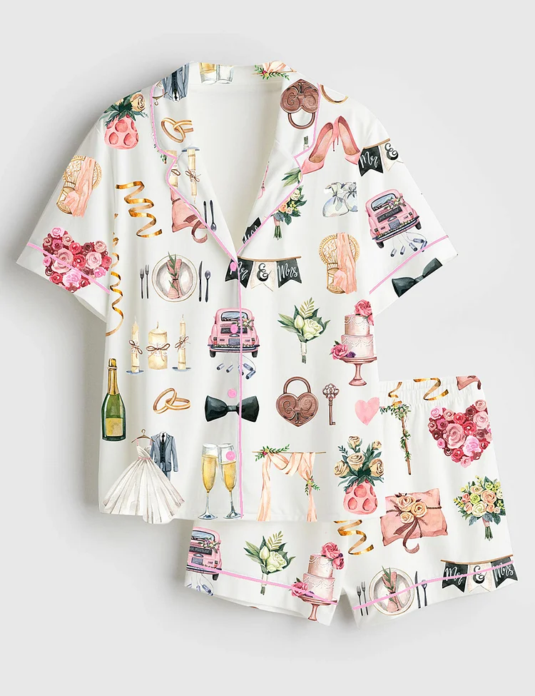 Women&rsquo;s Wedding Watercolor Bride Marriage Clipart Short Sleeve Satin Pajama Set