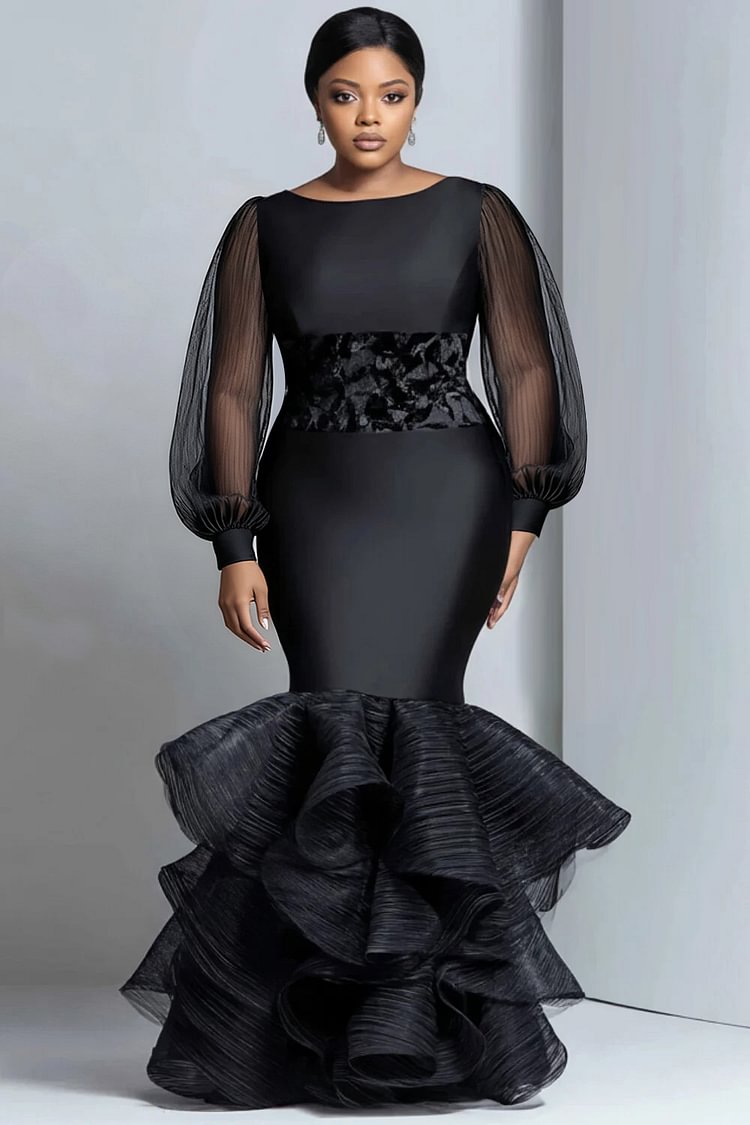 Xpluswear Design Plus Size Formal Organza Black Round Neck Lantern Sleeve Long Sleeve Mermaid Elegant See Through Satin Maxi Dresses [Pre-Order]