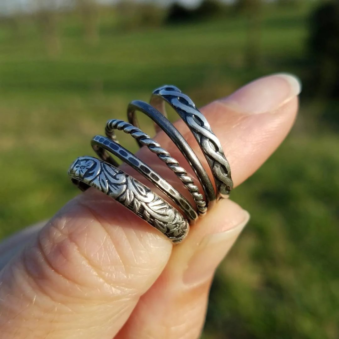 Floral, Rope, Braid, Hammered and Plain Pattern Sweet & Simple Set of 5 Stack Rings Gift for Family