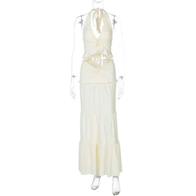 V-neck Ruffled Halter Spaghetti Straps Detail Twisted Dress Suit
