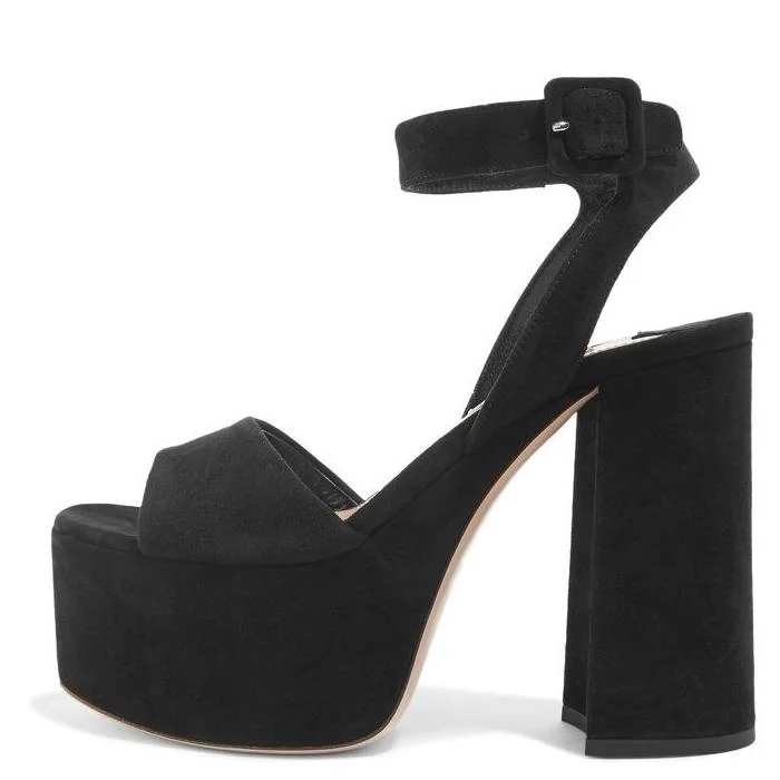 Custom Made Black Vegan Suede Platform Chunky Heel Ankle Strap Sandals |FSJ Shoes