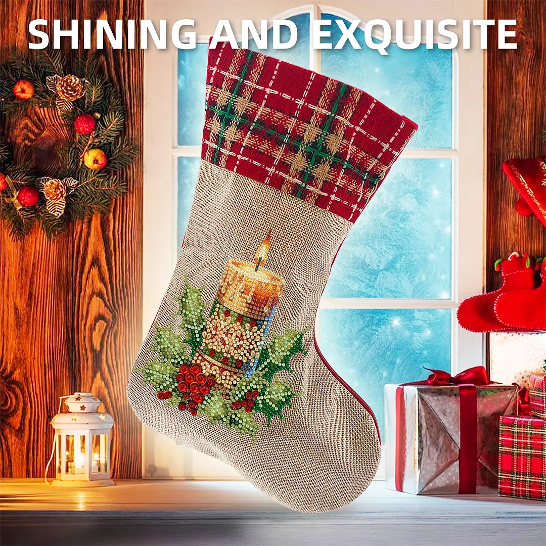 DIY Diamond Painting Christmas Stockings Hanging Ornaments Large Capacity Xmas Socks Pendant Wear Resist Candy Gift Storage Bags for Family Christmas Holiday Party Decoration (Christmas candles)