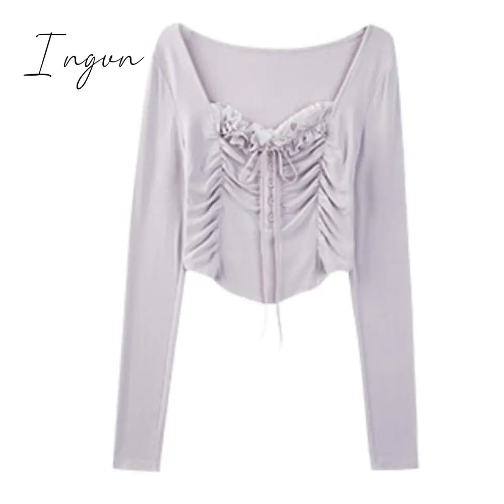Ingvn - 2023 Spring Basic Lace Y2K Crop Tops Woman Slim Pure Color Korean T-Shirt Office Lady