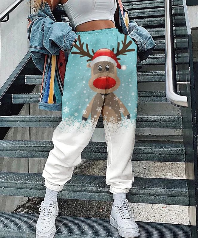 Christmas Print Loose Fitness Track Pants