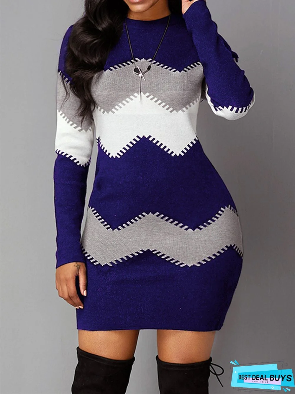 Women's Long Skirt Round Neck Long Sleeve Knitted Bag Hip Bottoming Dress Women