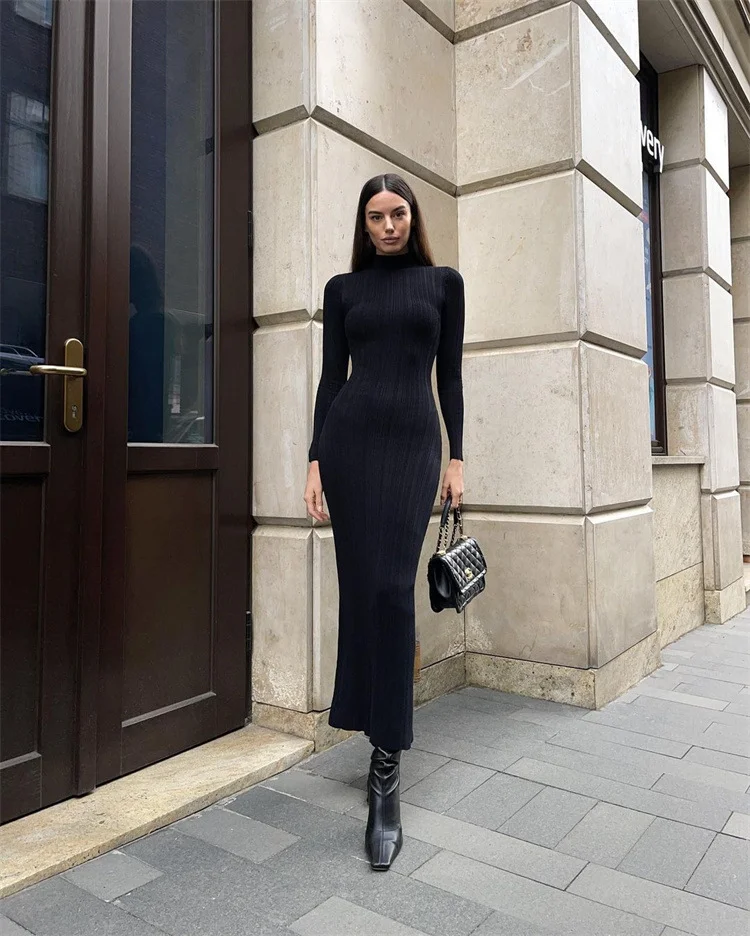 Uveng Uveng And Winter Long-Sleeved Knitted Dress 2024 New Sweater Dress Striped Long High-Collar Tight Sexy Dress