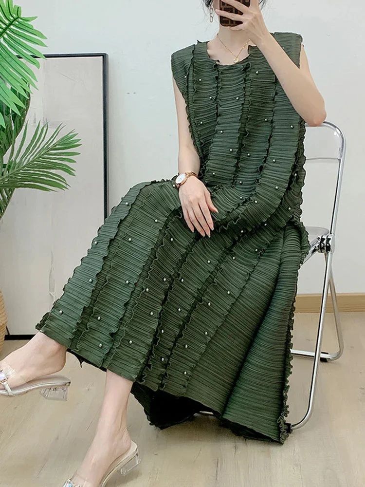 Boutique Green O-neck Patchwork Pleated Beaded Sleeveless Dress