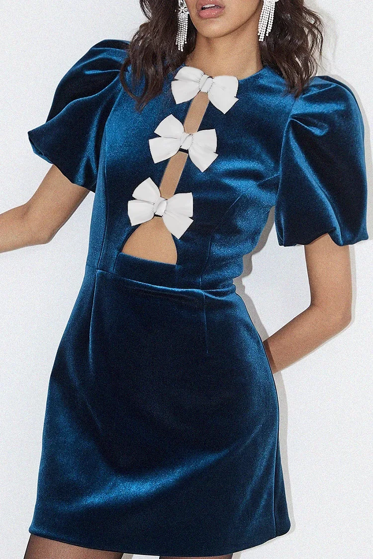 Cutout Bow Puff Sleeve A-Line Slim Fit Velvet Mini Dresses-Blue