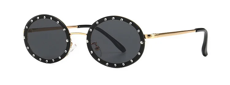 Retro Rhinestones Oval Sunglasses For Women 2024 Trendy Brand Designer Metal Frame Black Shades Luxury Small Sun Glasses UV400