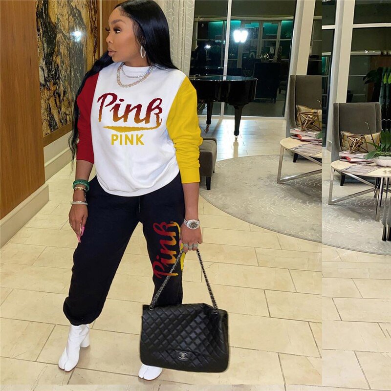 Color Patchwork 2021 Casual 2 Piece Set Women Pink Letter Print Sweatshirt Tops Pants Jogger Suits Streetwear Female Outfits 3XL