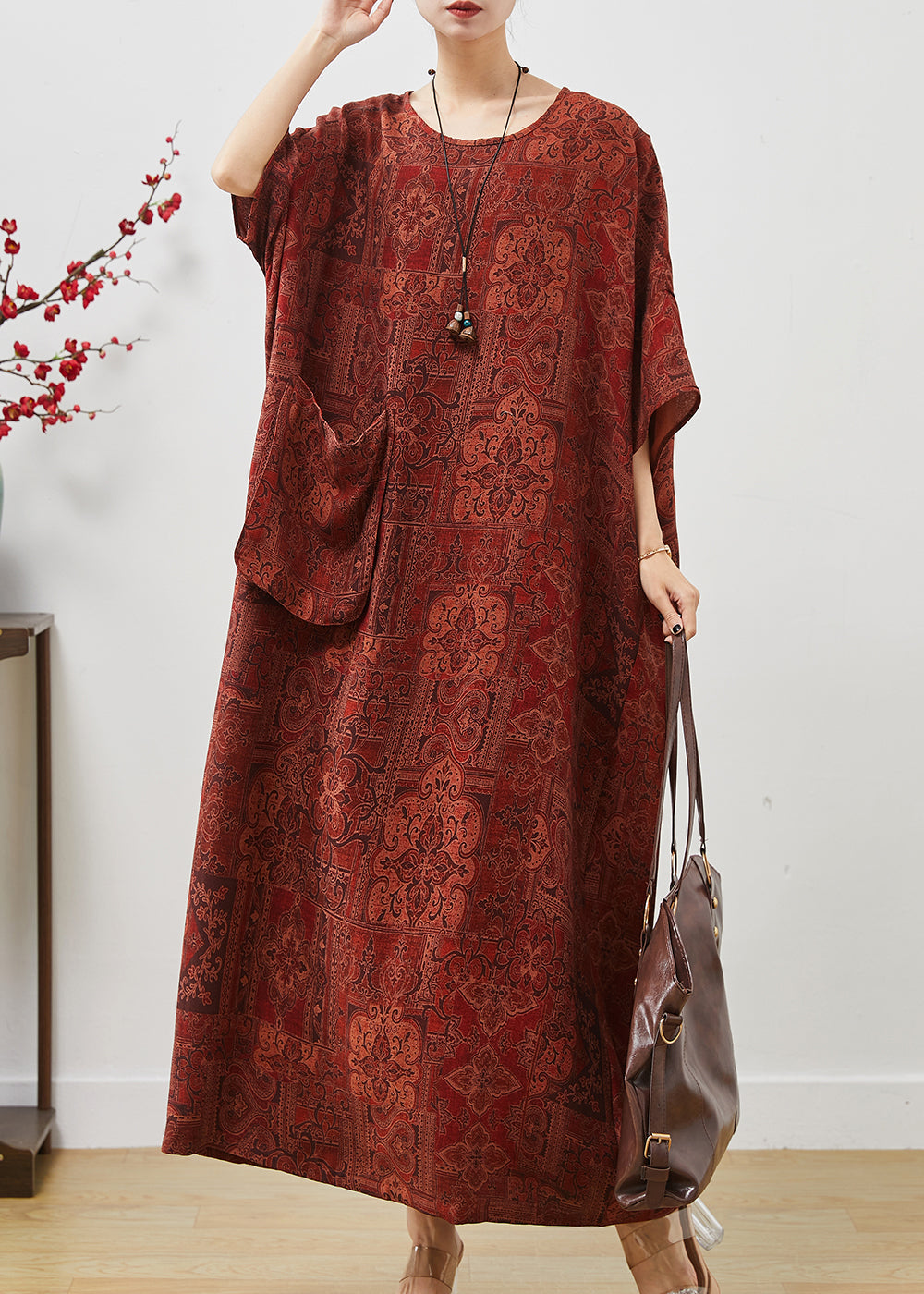 VCSHOES Orange Oversized Print Cotton Ankle Dress Batwing Sleeve