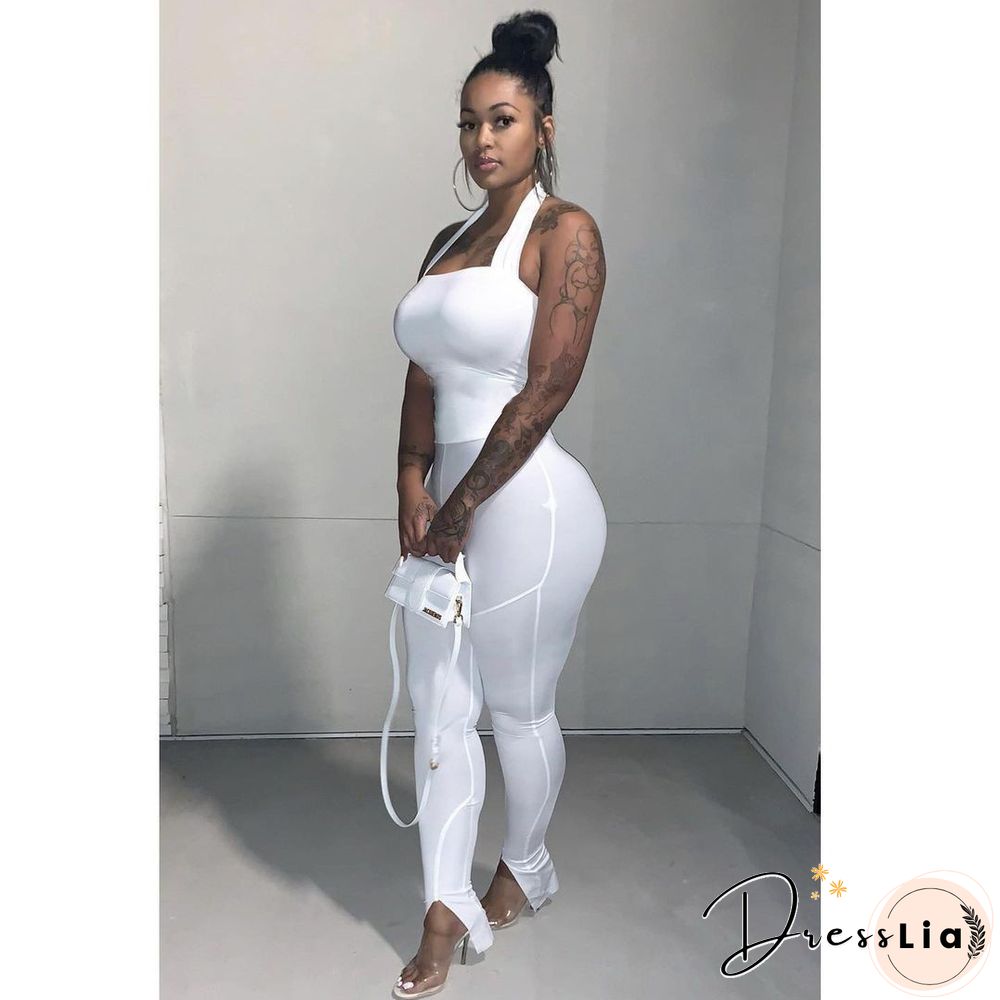 Women Solid Color Sportswear Sleeveless Halter Bodycon Jumpsuits