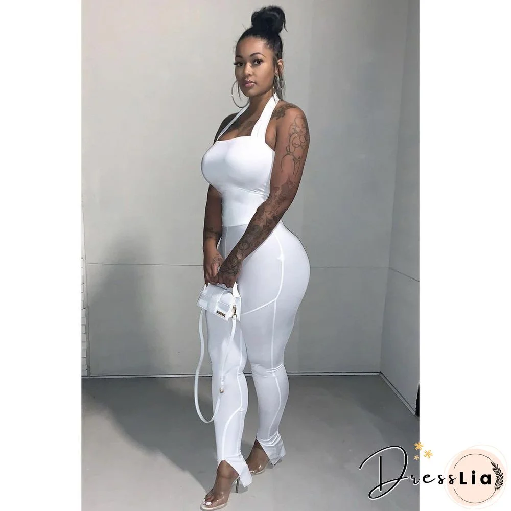 Women Solid Color Sportswear Sleeveless Halter Bodycon Jumpsuits