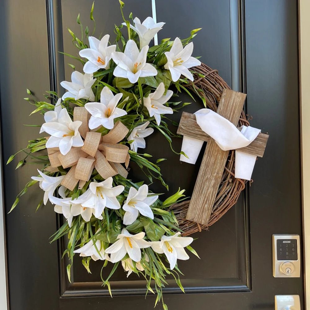 Easter Lily Cross Spring Wreath Home Front Religious Door Wreath Decoration