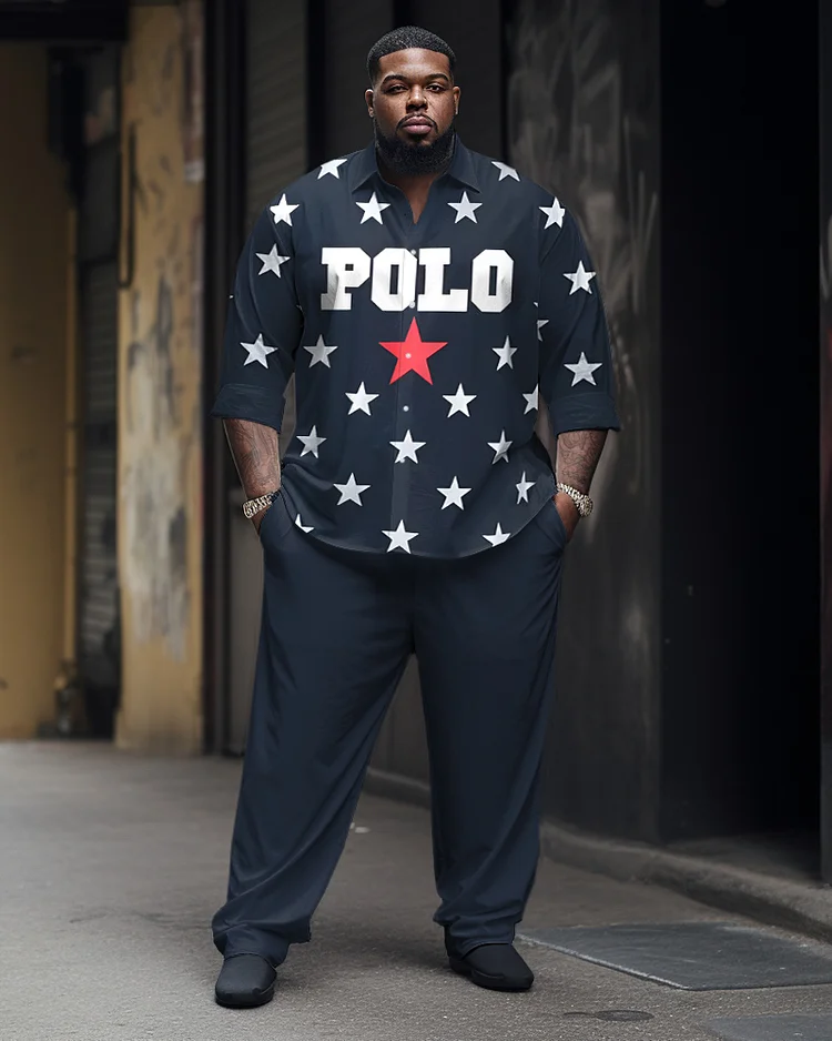 Men's Plus Size Star Polo Printed Long-Sleeved Trousers Two-Piece Set