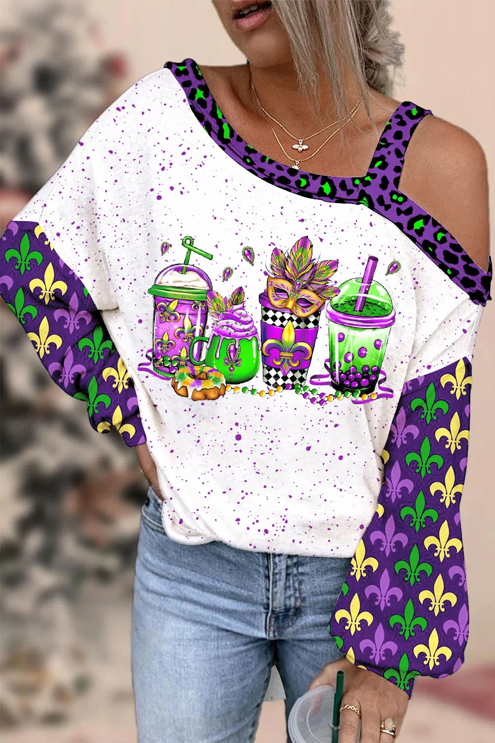 Mardi Gras Coffee Cups Mask King Cake Fleur De Lis Leopard Polka Print Off-Shoulder Blouse