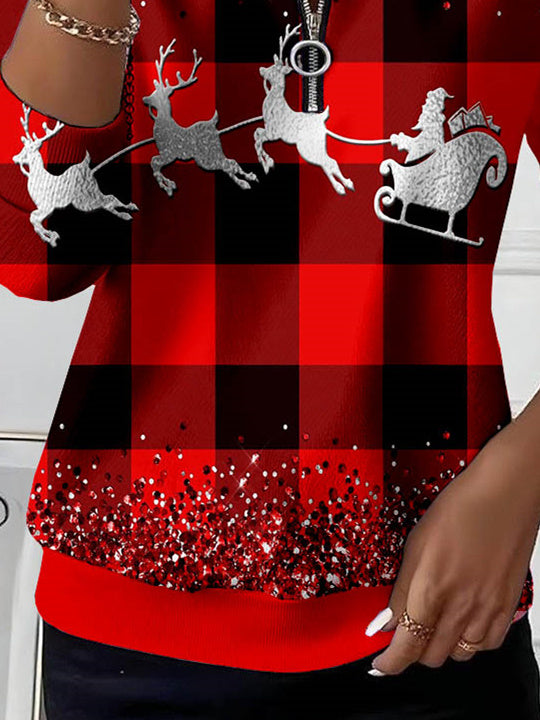 Women Long Sleeve Scoop Neck Elk Colorblock Snowflake Plaid Printed Graphic Zipper Sweatshirts Tops