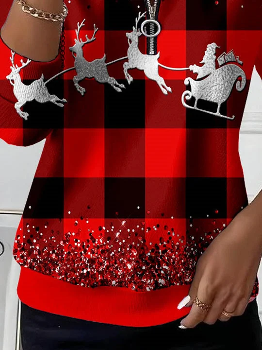 Women Long Sleeve Scoop Neck Elk Colorblock Snowflake Plaid Printed Graphic Zipper Sweatshirts Tops