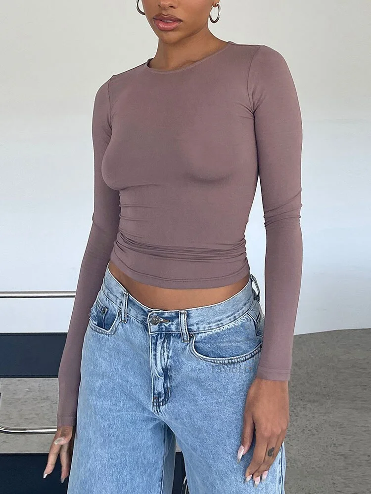 Women Spring Autumn Long Sleeve T-Shirts Tops Solid Slim Fit Pullovers Causal Tees Shirts Female Streetwear Base Tees