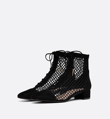 Black Vegan Suede & Mesh Patchwork Lace Up Boots Block Heel Booties