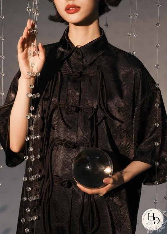 Retro Black Chinese Button Tasseled Patchwork Silk Shirt Tops Summer