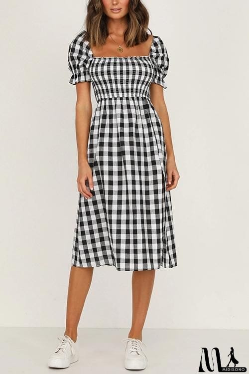 MidiSono - Plaid Square Neck Slit Dress