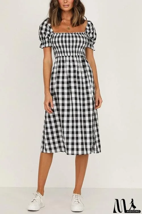 MidiSono - Plaid Square Neck Slit Dress