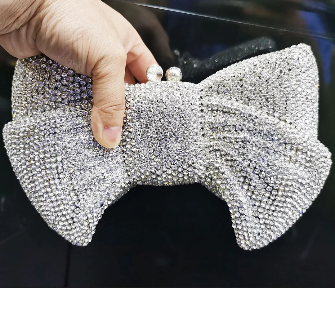 Luxury Novelty Bow Clutch Crystal Evening Bags Silver Bowknot Rhinestone Women Handbags Wedding Party Purse SM95