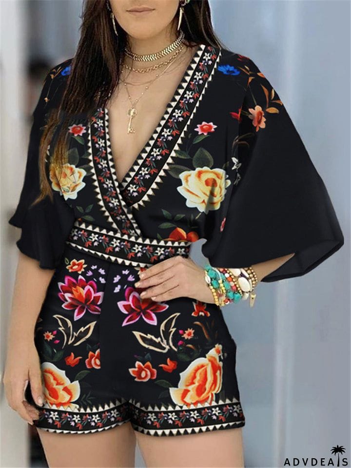 Fashionable Wrap Neck Fitted Waist Vibrant Floral Print Flare Sleeve Playsuit