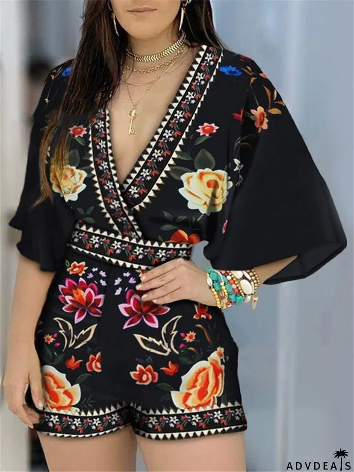 Fashionable Wrap Neck Fitted Waist Vibrant Floral Print Flare Sleeve Playsuit